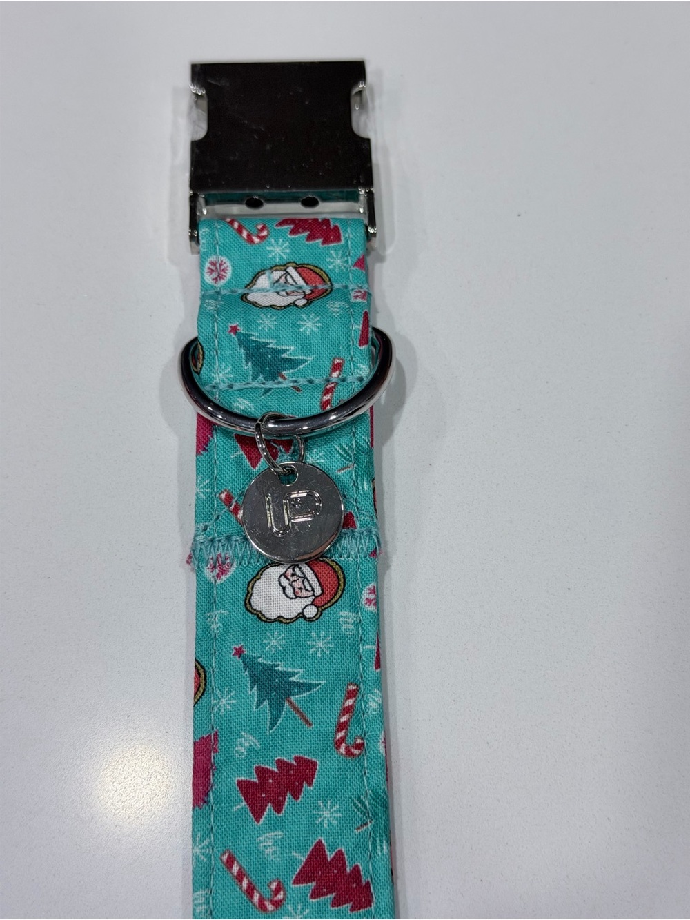 Teal Holiday Dog Collar with Candy Cane & Tree Print - Picture 2 of 4